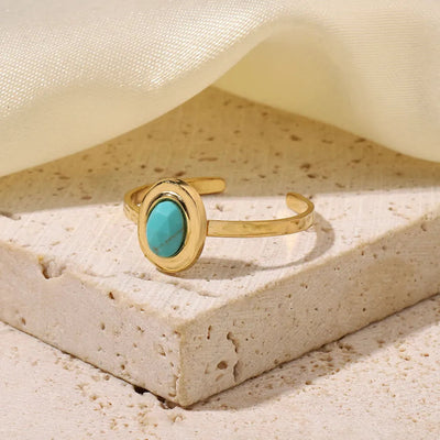 Wholesale Jewelry Retro French Style Oval Titanium Steel Natural Stone Turquoise Agate 14K Gold Plated Plating Inlay Open Rings