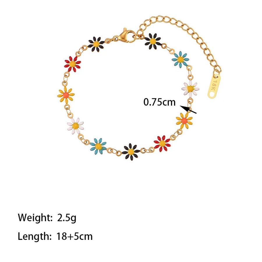 Jewelry Basic Streetwear Daisy Titanium Steel Zircon 18K Gold Plated Enamel Inlay Jewelry Set