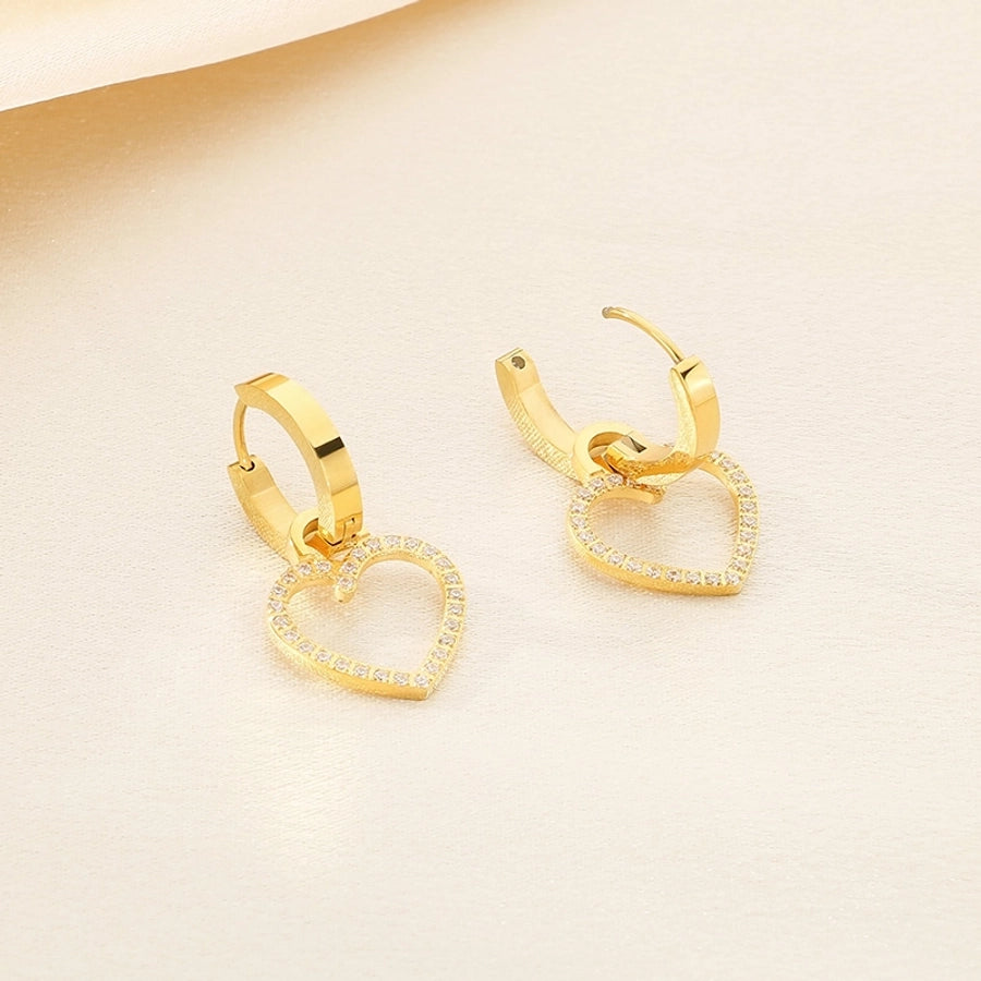 1 Pair Vintage Style Square Heart Shape Hollow Out Inlay 304 Stainless Steel Pearl Zircon 18K Gold Plated Earrings