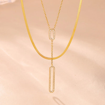 Jewelry Elegant Luxurious Vacation Rectangle Titanium Steel 18K Gold Plated Rhinestone Necklace