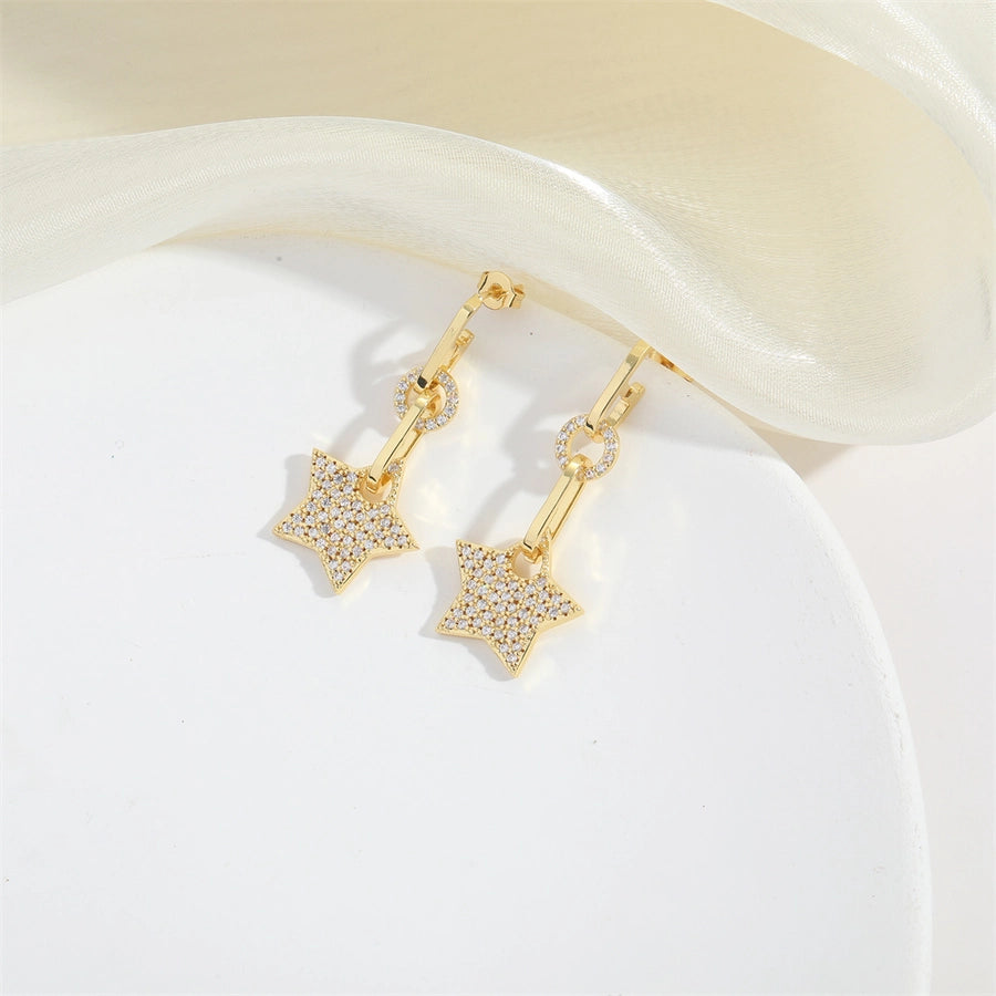 1 Pair Elegant Retro Pentagram Oval Plating Inlay Copper Zircon 14K Gold Plated Drop Earrings