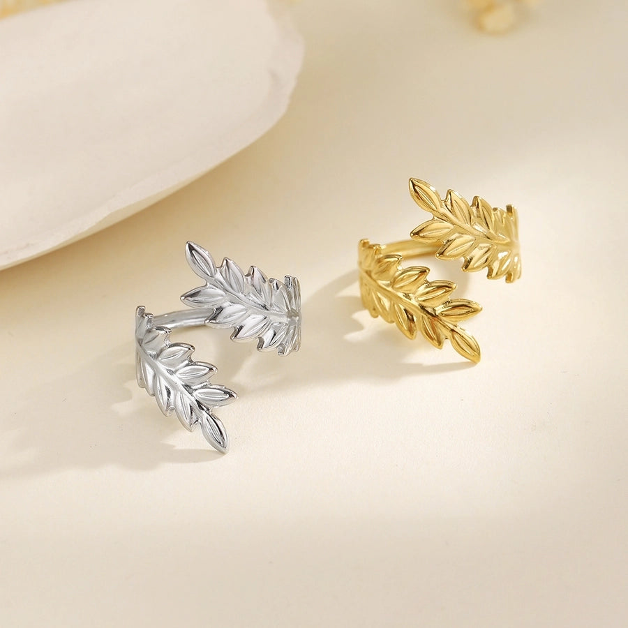 Jewelry Elegant Leaves Feather 304 Stainless Steel Open Rings