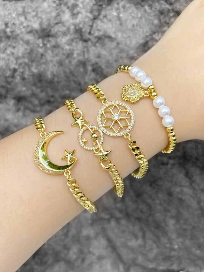 Copper 18K Gold Plated Inlay Star Moon Zircon Bracelets