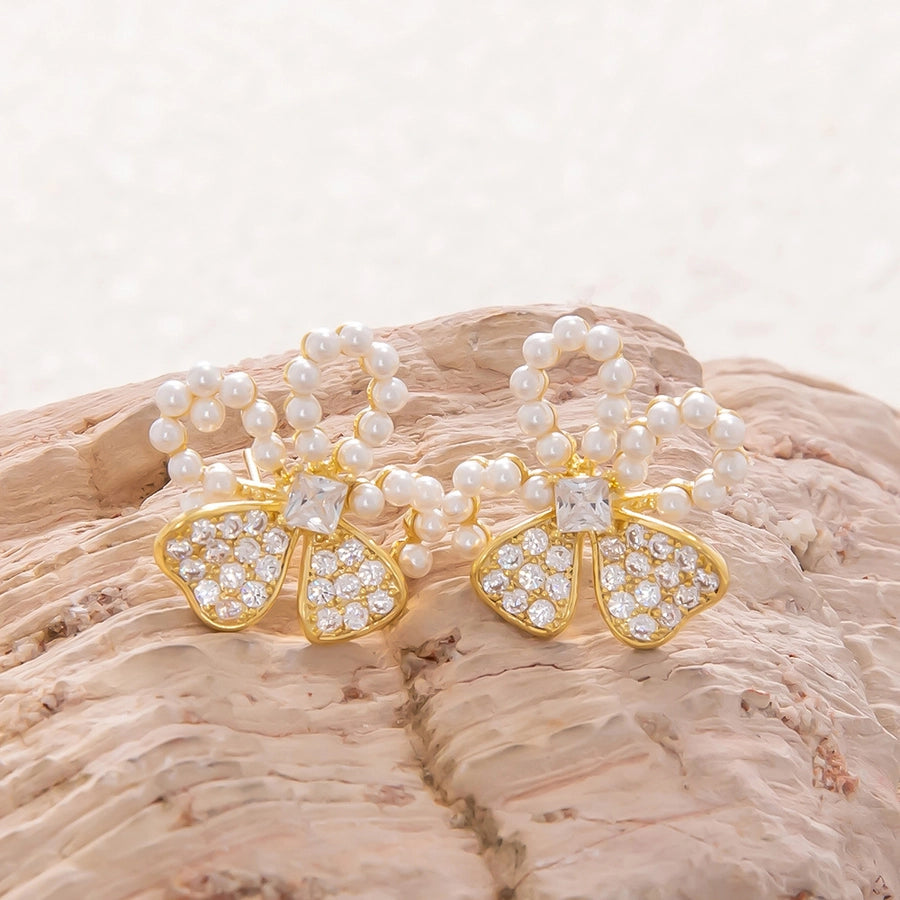 1 Pair Elegant Streetwear Bow Knot Plating Copper Zircon Drop Earrings Ear Studs