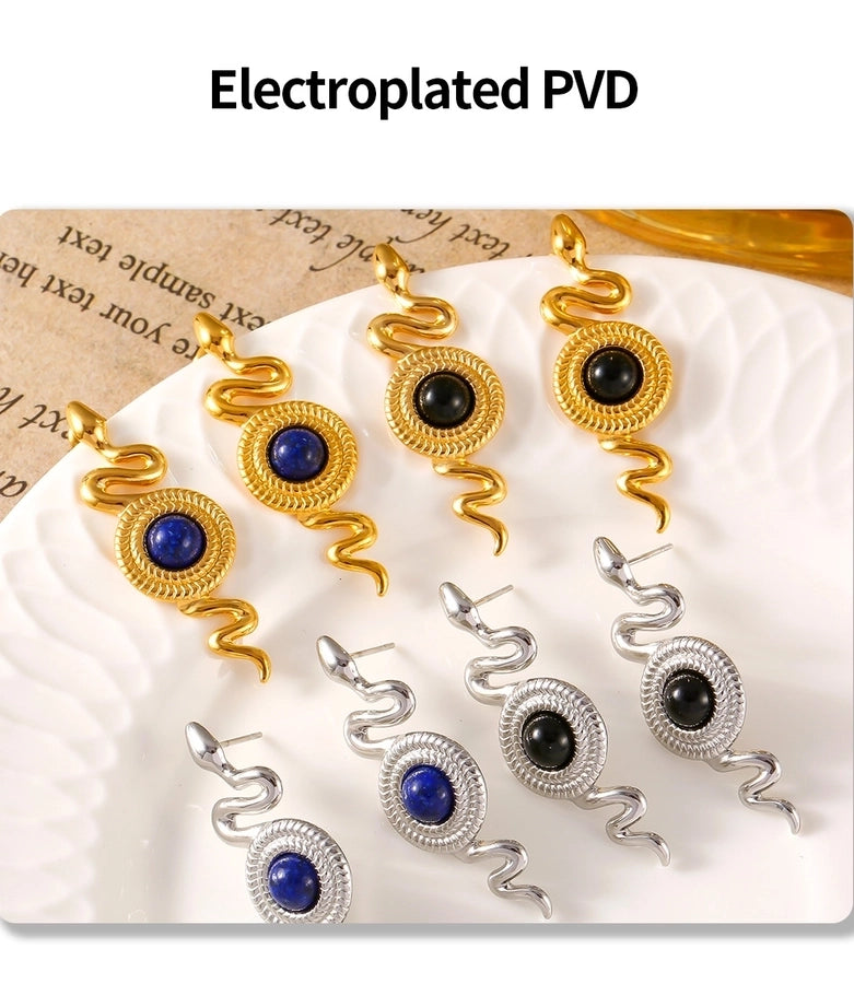 1 Pair Retro British Style Round Snake Plating Inlay 304 Stainless Steel Natural Stone Agate 18K Gold Plated Ear Studs
