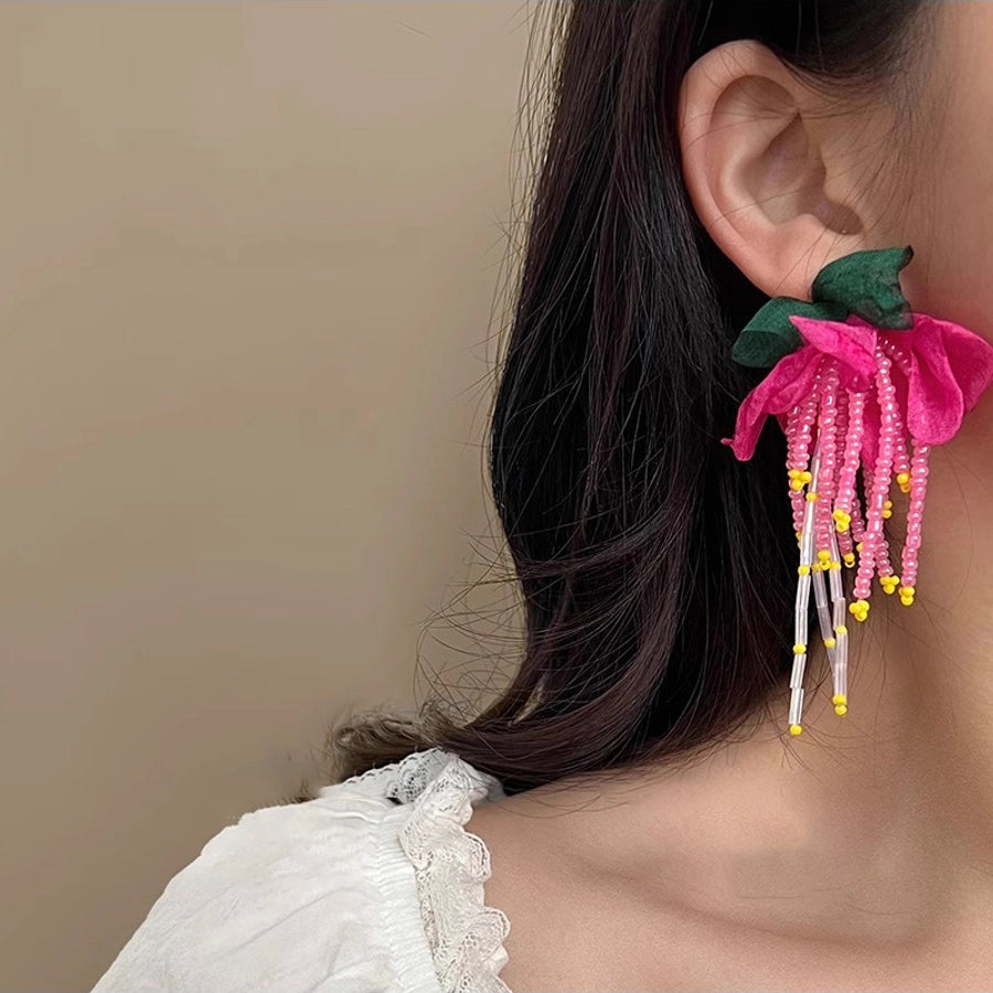 Mori chiffon flower beaded earrings female super fairy exaggerated Rose Red holiday style earrings  new popular