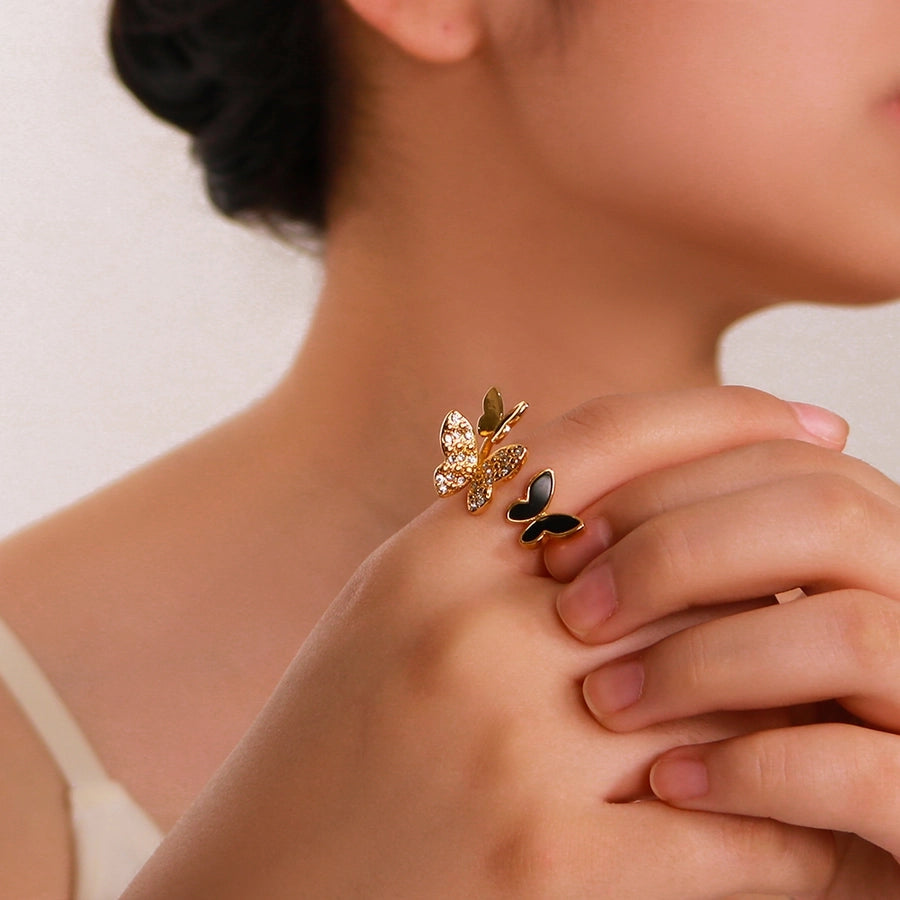 Jewelry IG Style Simple Style Butterfly 304 Stainless Steel Zircon 18K Gold Plated Inlay Open Rings