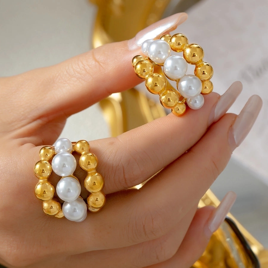 Jewelry Elegant French Style Round 304 Stainless Steel Artificial Pearls 18K Gold Plated Layered Inlay Rings