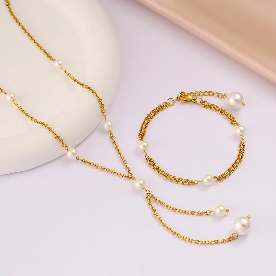 Jewelry French Style Geometric 304 Stainless Steel Glass Pearl 18K Gold Plated Bracelets Necklace