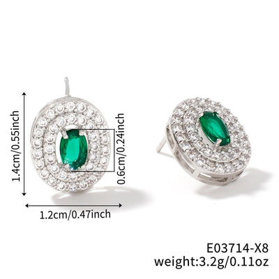 1 Pair Retro Sweet Shiny Oval Inlay Copper Glass Zircon Rhodium Plated Ear Studs