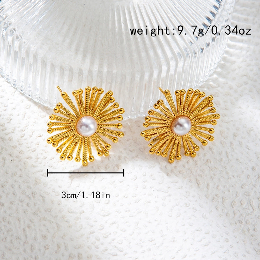 1 Pair Vacation Sweet Round Flower Plating Inlay 304 Stainless Steel Pearl 14K Gold Plated Ear Studs