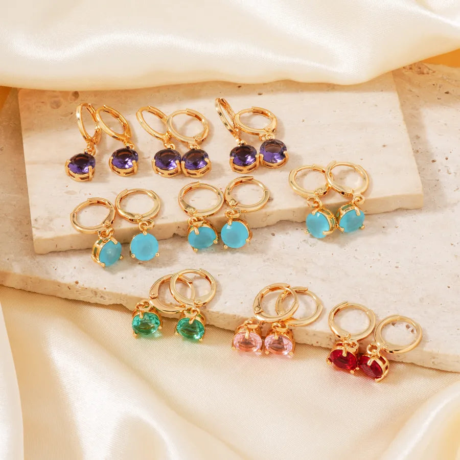 1 Set 1 Pair Elegant Round Inlay Copper Zircon K Gold Plated Drop Earrings