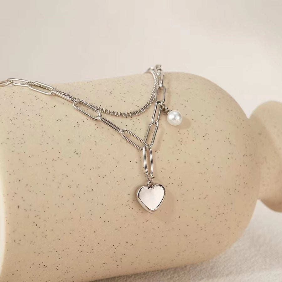 Casual Simple Style Heart Shape Titanium Steel 18K Gold Plated Artificial Pearls Shell Paperclip Chain Bracelets In Bulk