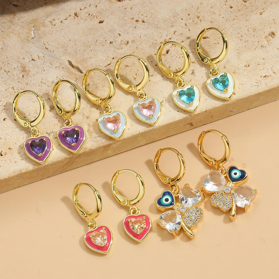 1 Pair Elegant Simple Style Commute Four Leaf Clover Heart Shape Enamel Inlay Copper Zircon 14K Gold Plated Drop Earrings