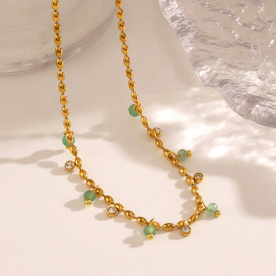 Jewelry Casual Vintage Style Round 304 Stainless Steel Zircon 18K Gold Plated Green Aventurine Inlay Necklace