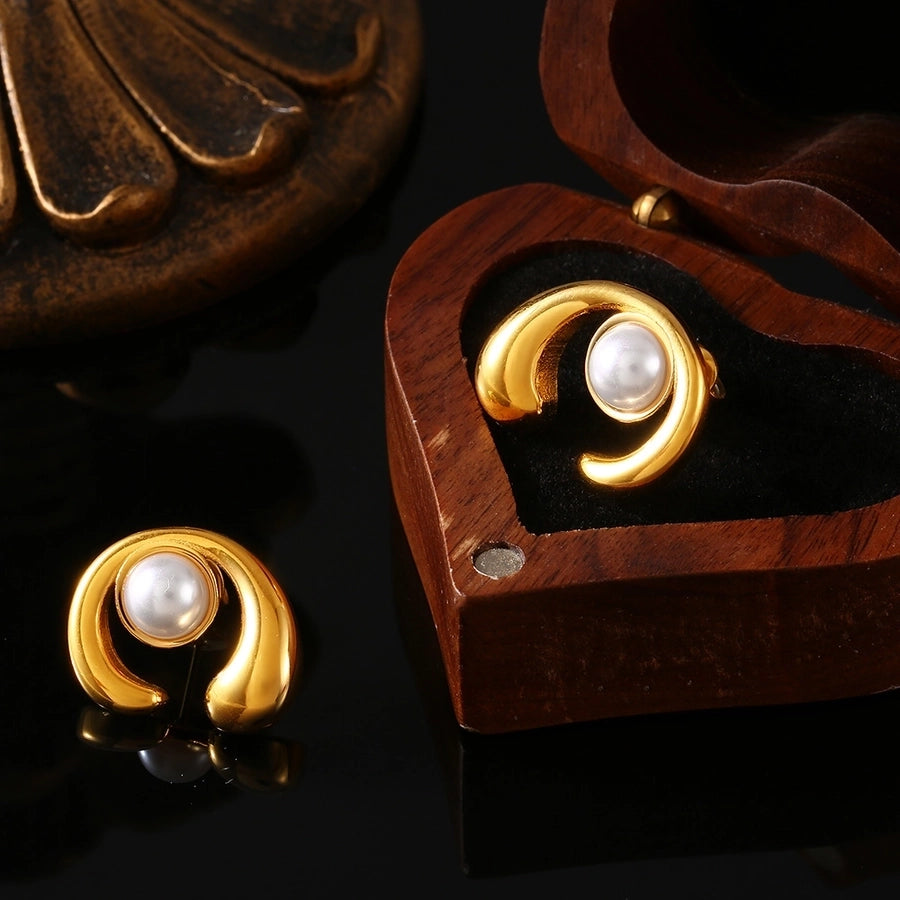 1 Pair Elegant Simple Style Streetwear C Shape Round Plating Inlay 304 Stainless Steel Artificial Pearls Ear Studs