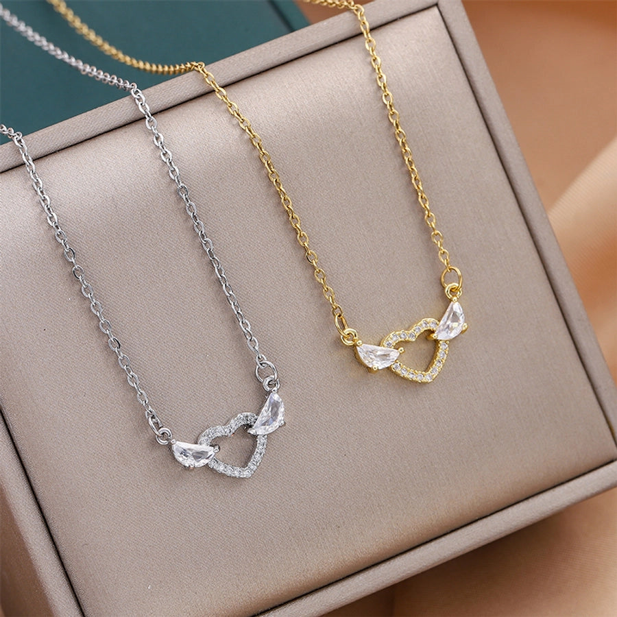Jewelry IG Style Simple Style Heart Shape 316 Stainless Steel  Copper Zircon 18K Gold Plated Hollow Out Inlay Necklace