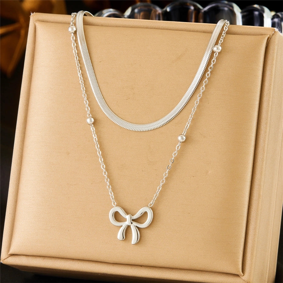 Jewelry Vintage Style Sweet Bow Knot 304 Stainless Steel Double Layer Necklaces