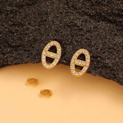 1 Pair Retro Simple Style Oval Inlay 304 Stainless Steel 316 Stainless Steel  Rhinestones 18K Gold Plated Ear Studs