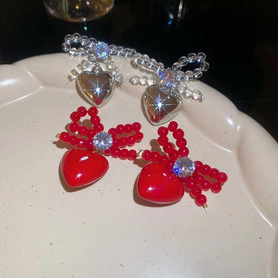 1 Pair IG Style Heart Shape Inlay Copper Resin Glass Bead Zircon Drop Earrings