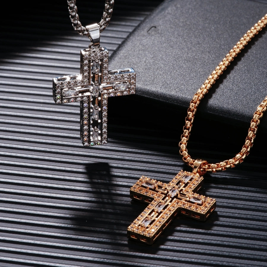 Hip-Hop Rock Shiny Cross Wings 304 Stainless Steel Copper Zircon K Gold Plated Rhodium Plated Unisex Pendant Necklace
