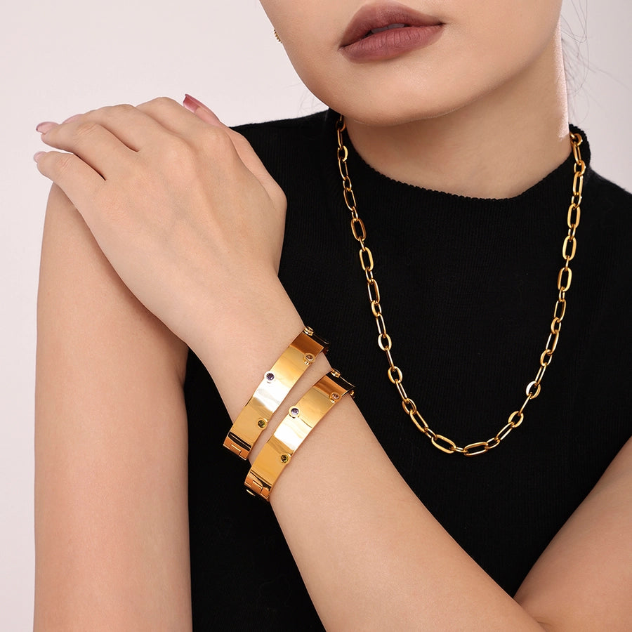 Elegant Glam Round 304 Stainless Steel 18K Gold Plated Zircon Bangle In Bulk