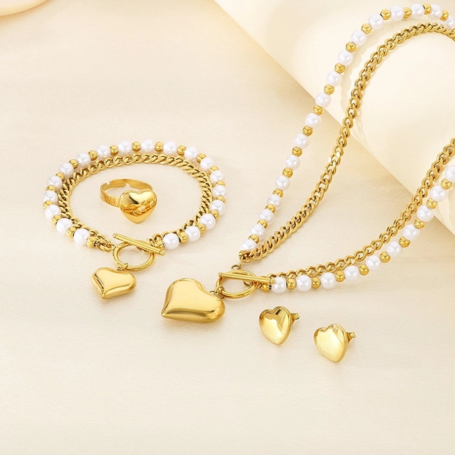 Fashion Retro Stainless Steel Double-Layer Stacked Three-Dimensional Love Pendant Four-Piece Set