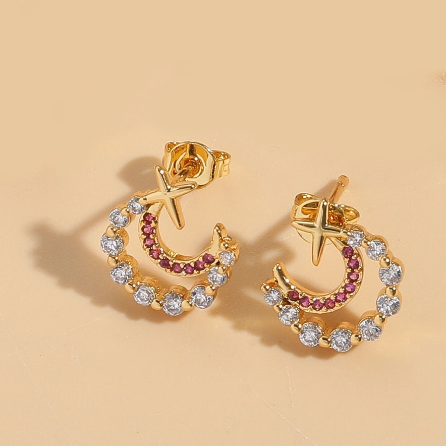 1 Pair Elegant Simple Style Commute Moon Copper Zircon 14K Gold Plated Ear Studs