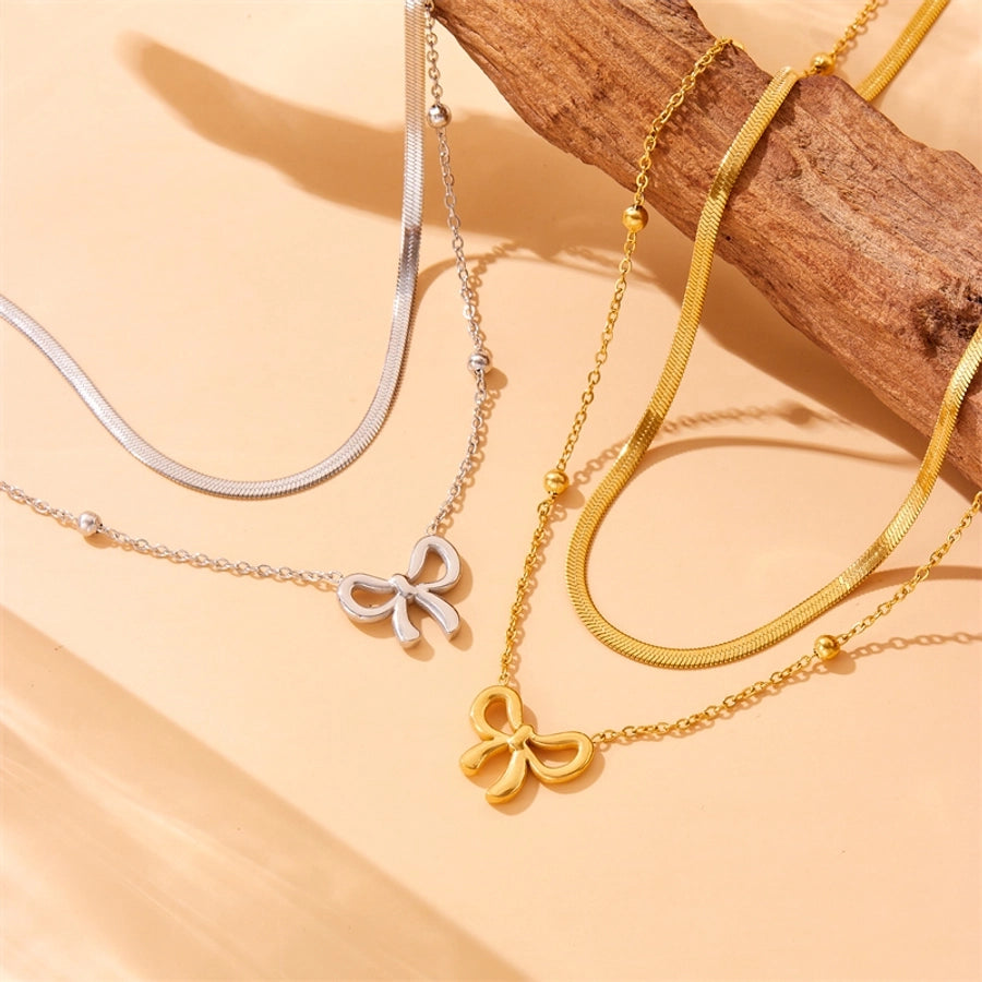 Jewelry Vintage Style Sweet Bow Knot 304 Stainless Steel Double Layer Necklaces
