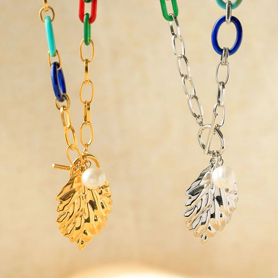 Elegant Vacation Leaves 14K Gold Plated 304 Stainless Steel Arylic  Pendant Necklaces