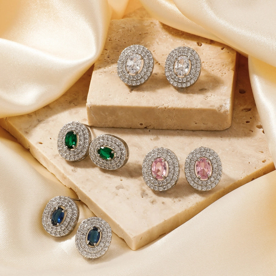 1 Pair Retro Sweet Shiny Oval Inlay Copper Glass Zircon Rhodium Plated Ear Studs