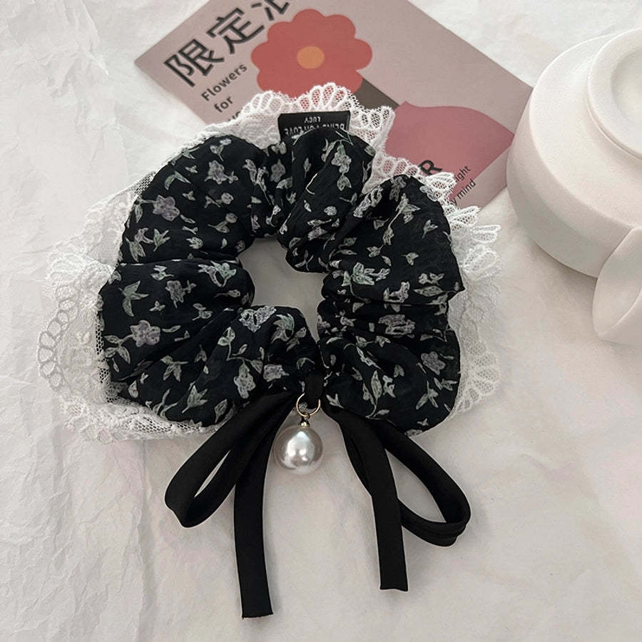 Women's Japanese Style Sweet Flower Cloth Handmade Pearl Lace Hair Tie
