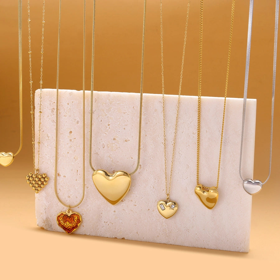 Jewelry Simple Style Heart Shape 304 Stainless Steel Zircon 18K Gold Plated Pendant Necklace