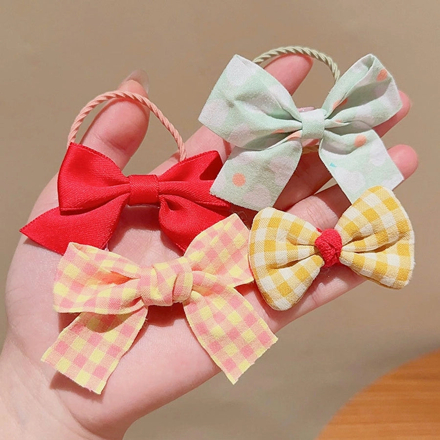 cute plaid flower bow knot cloth inlaid pearls hair tie 1 set