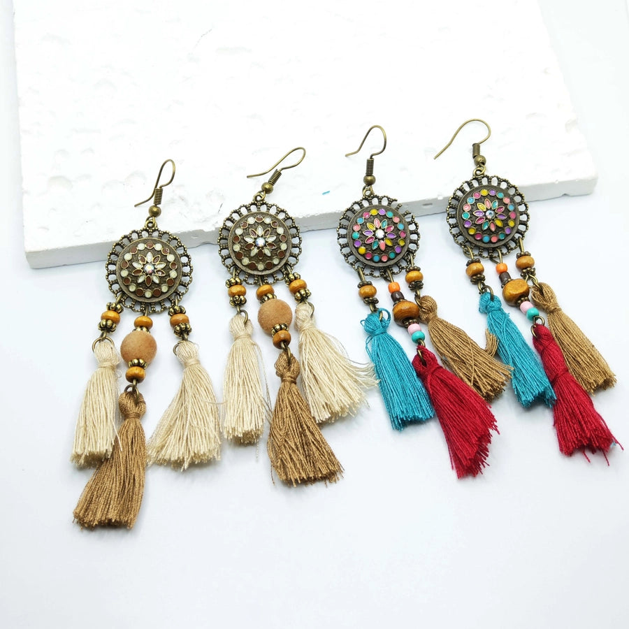 1 Pair Retro Tropical Geometric Round Leaves Tassel Plating Braid 304 Stainless Steel Feather 18K Gold Plated Drop Earrings
