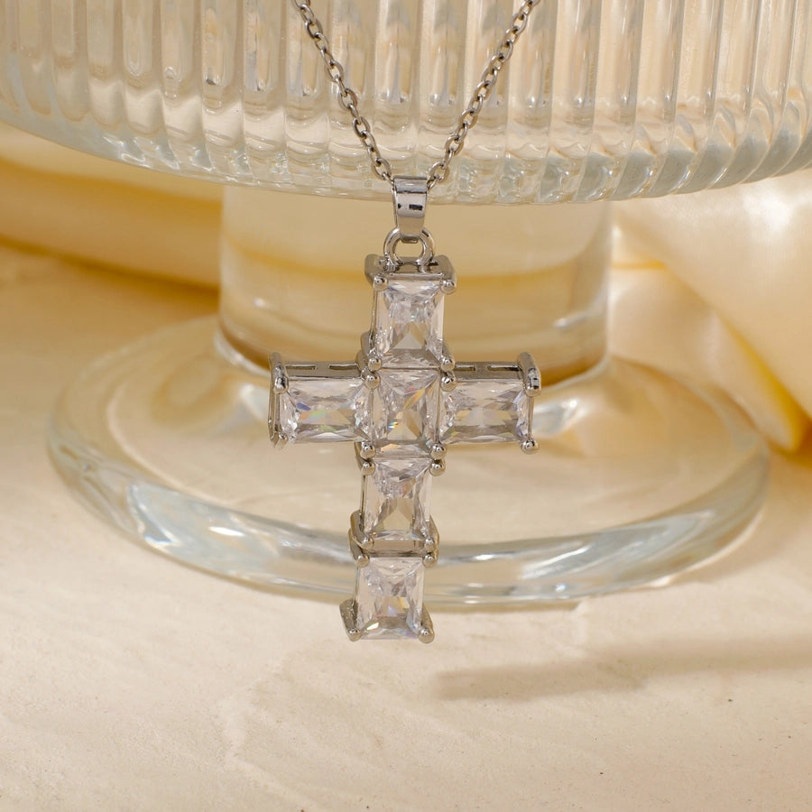 304 Stainless Steel Copper K Gold Plated Rhodium Plated Inlay Cross Zircon Pendant Necklace