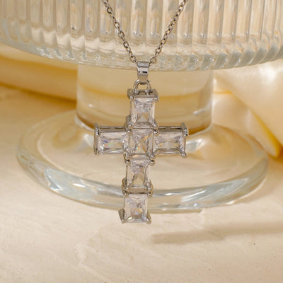 304 Stainless Steel Copper K Gold Plated Rhodium Plated Inlay Cross Zircon Pendant Necklace
