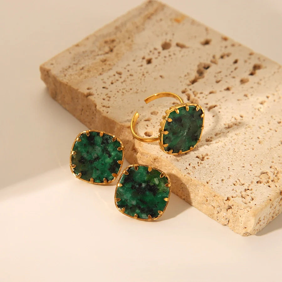 Jewelry Vintage Style French Style Square 201 Stainless Steel Turquoise 18K Gold Plated Polishing Plating Inlay Rings Earrings Jewelry Set