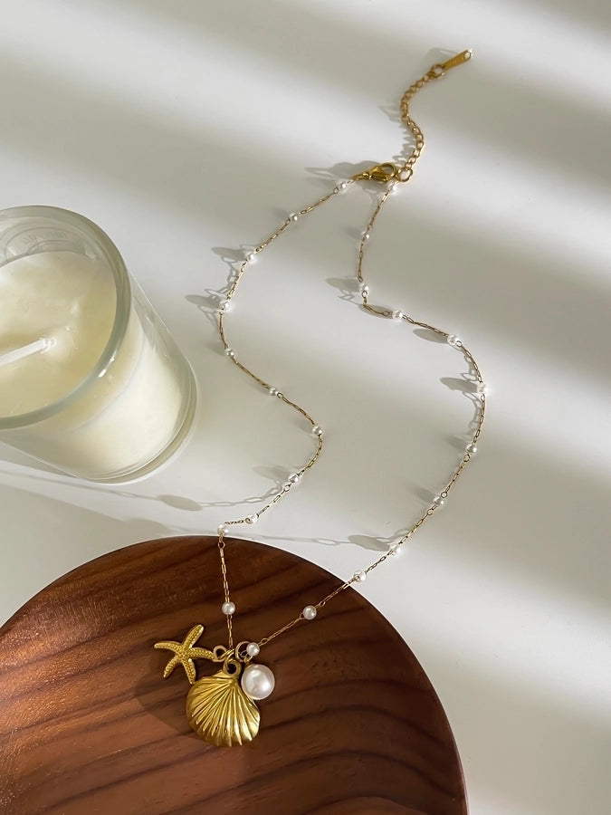 Jewelry Retro Marine Style Beach Starfish Shell 316L Stainless Steel  18K Gold Plated Pendant Necklace