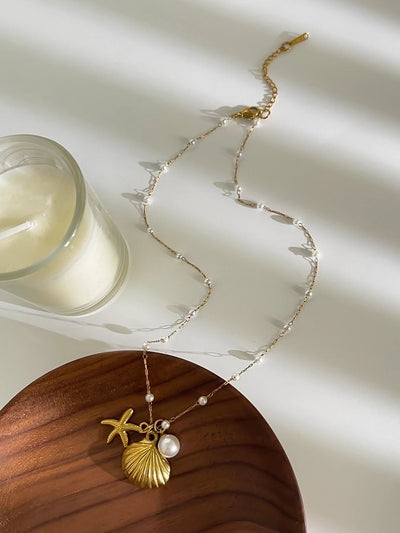 Jewelry Retro Marine Style Beach Starfish Shell 316L Stainless Steel  18K Gold Plated Pendant Necklace