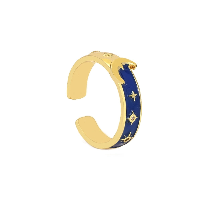 Copper Enamel Inlay Star Moon Zircon Open Rings