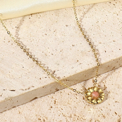 Jewelry Retro French Style Daisy Titanium Steel Natural Stone 14K Gold Plated Plating Inlay Pendant Necklace