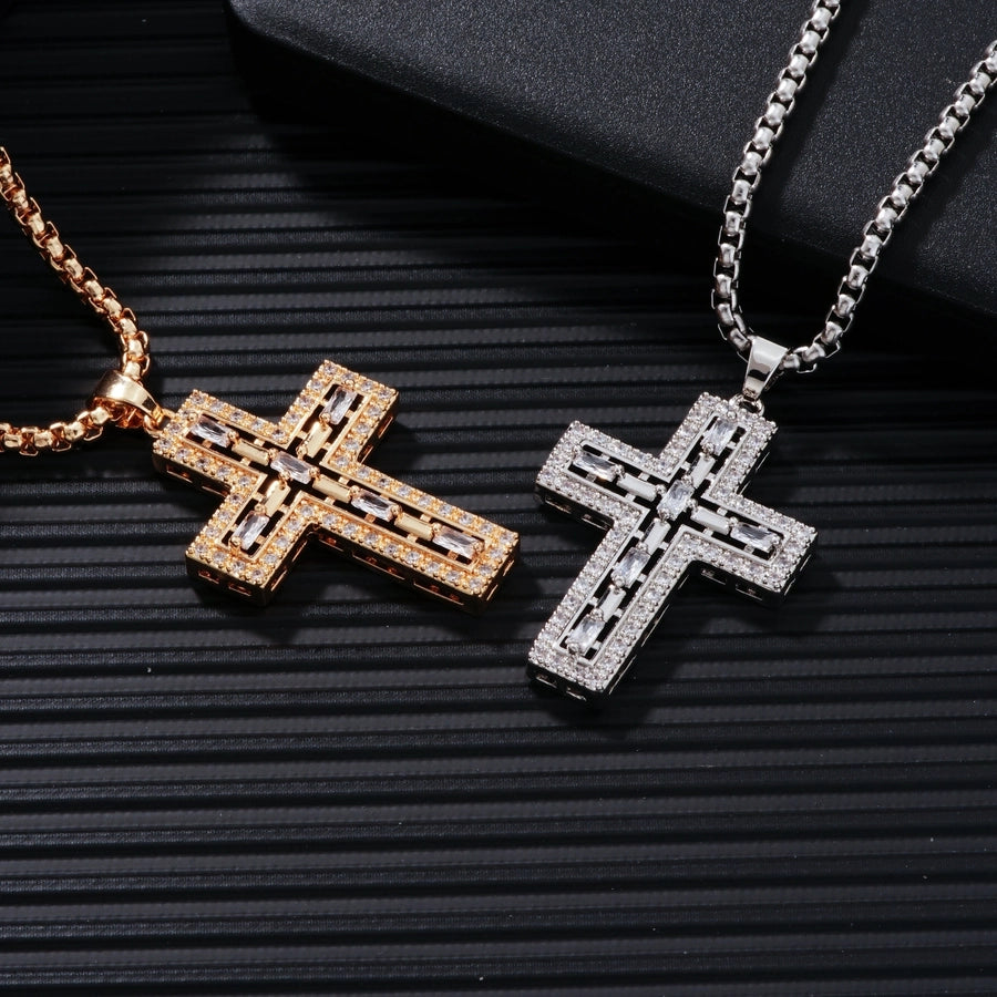 Hip-Hop Rock Shiny Cross Wings 304 Stainless Steel Copper Zircon K Gold Plated Rhodium Plated Unisex Pendant Necklace