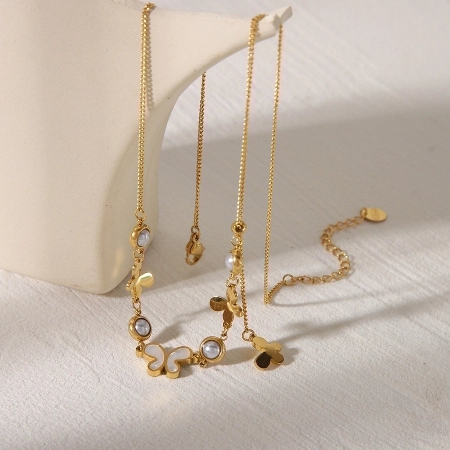 Jewelry Casual Commute Flower Butterfly 304 Stainless Steel Zircon 18K Gold Plated Inlay Pendant Necklace