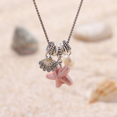 Hawaiian Vacation Starfish Shell Rhinestones Artificial Pearl Titanium Steel ceramics