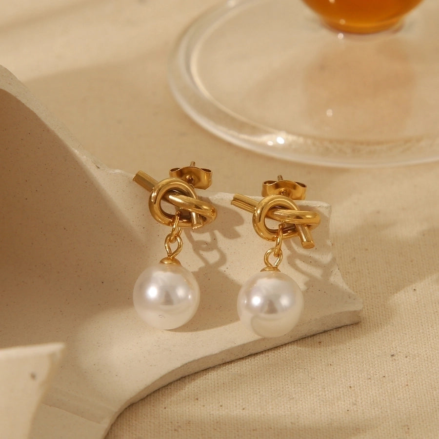 1 Pair French Style Romantic Knot Plating Inlay 304 Stainless Steel Imitation Pearl 18K Gold Plated Ear Studs