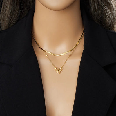 Jewelry Vintage Style Sweet Bow Knot 304 Stainless Steel Double Layer Necklaces