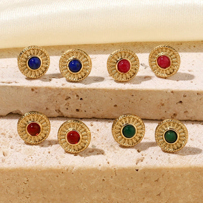 One Pack and Two Pairs Retro French Style Geometric Plating Titanium Steel Natural Stone 14K Gold Plated Ear Studs