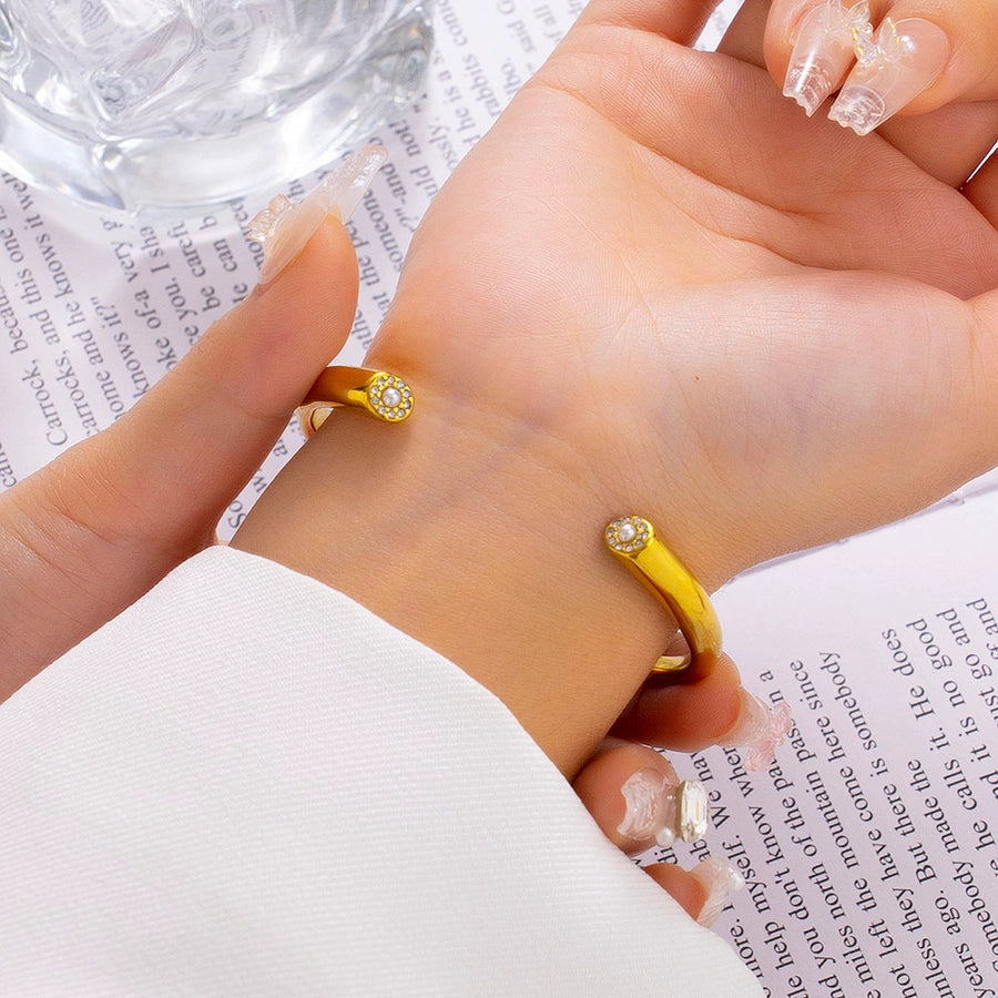 Romantic Simple Style C Shape 304 Stainless Steel Artificial Pearls Zircon Bangle In Bulk