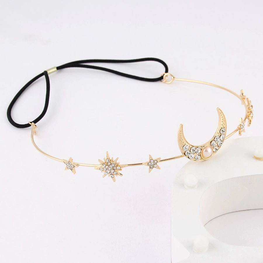 Women's IG Style Sweet Star Moon Alloy Elastic string Inlay Rhinestones Pearl Hair Band